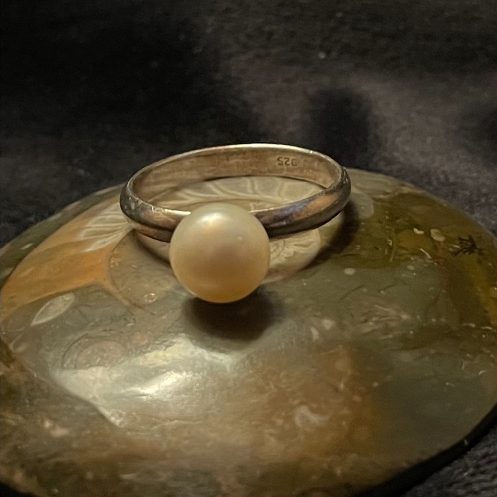 Pearl Solitaire 925 Silver Ring, size 7